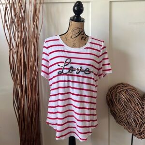 Red And White Stripwd Short Sleeve Top With Sequined Love